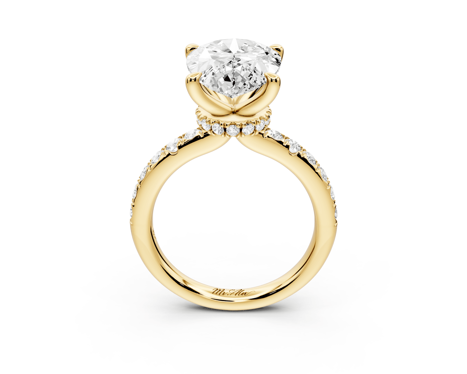 Flora - 3ct 18k yellow gold pear talong prong Wrap around halo Half Band Engagement Ring - Mr. Alex Jewelry