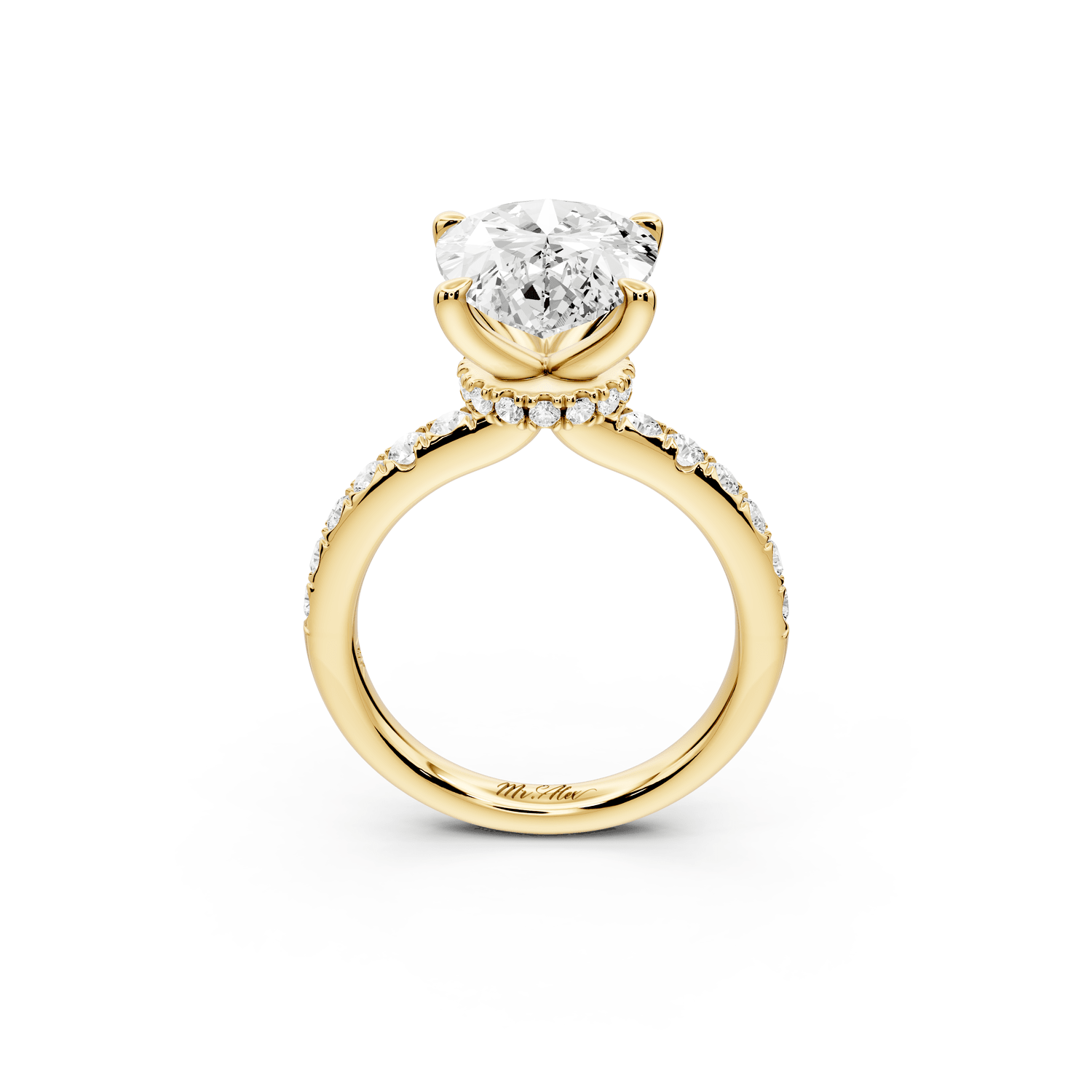 Flora - 3ct 18k yellow gold pear talong prong Wrap around halo Half Band Engagement Ring - Mr. Alex Jewelry
