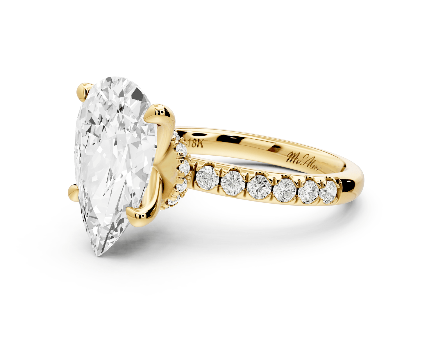 Flora - 3ct 18k yellow gold pear talong prong Wrap around halo Half Band Engagement Ring - Mr. Alex Jewelry