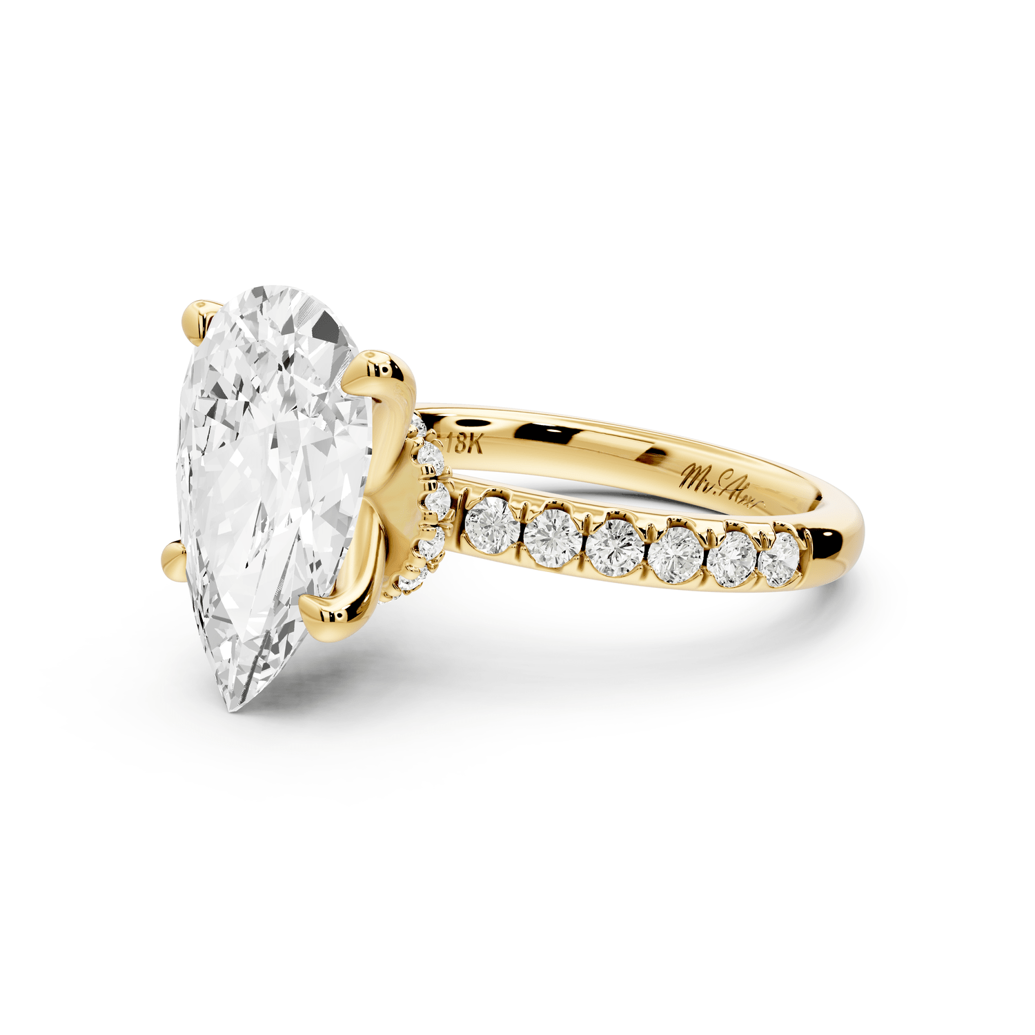 Flora - 3ct 18k yellow gold pear talong prong Wrap around halo Half Band Engagement Ring - Mr. Alex Jewelry
