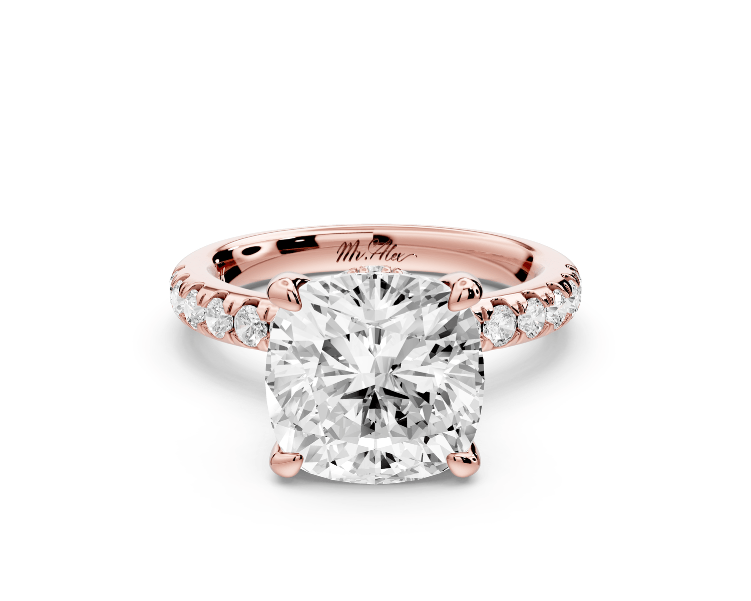 Flora - 4ct 14k rose gold cushion talong prong Wrap around halo Half Band Engagement Ring - Mr. Alex Jewelry