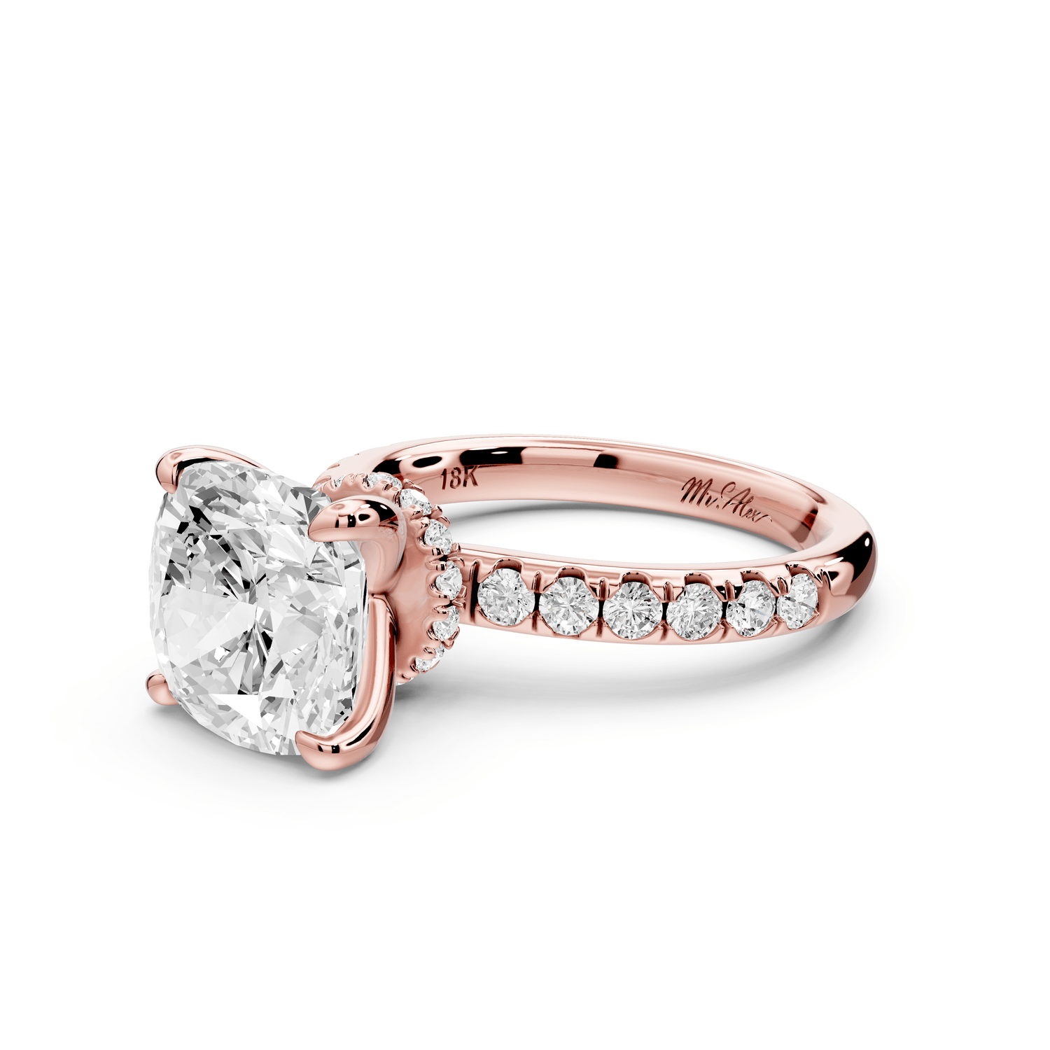Flora - 4ct 18k rose gold cushion talong prong Wrap around halo Half Band Engagement Ring - Mr. Alex Jewelry