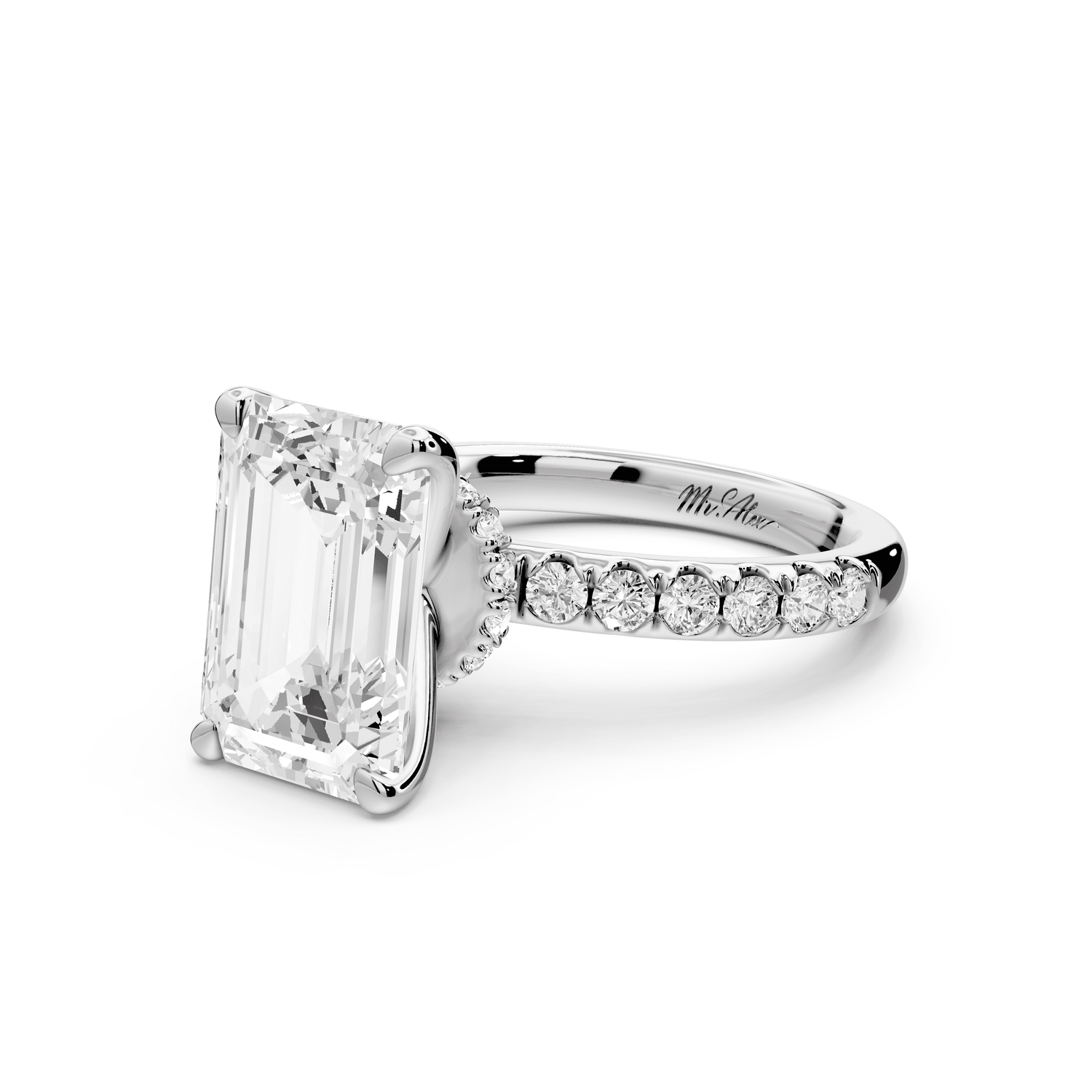 Flora - 4ct 18k white gold emerald talong prong Wrap around halo Half Band Engagement Ring - Mr. Alex Jewelry