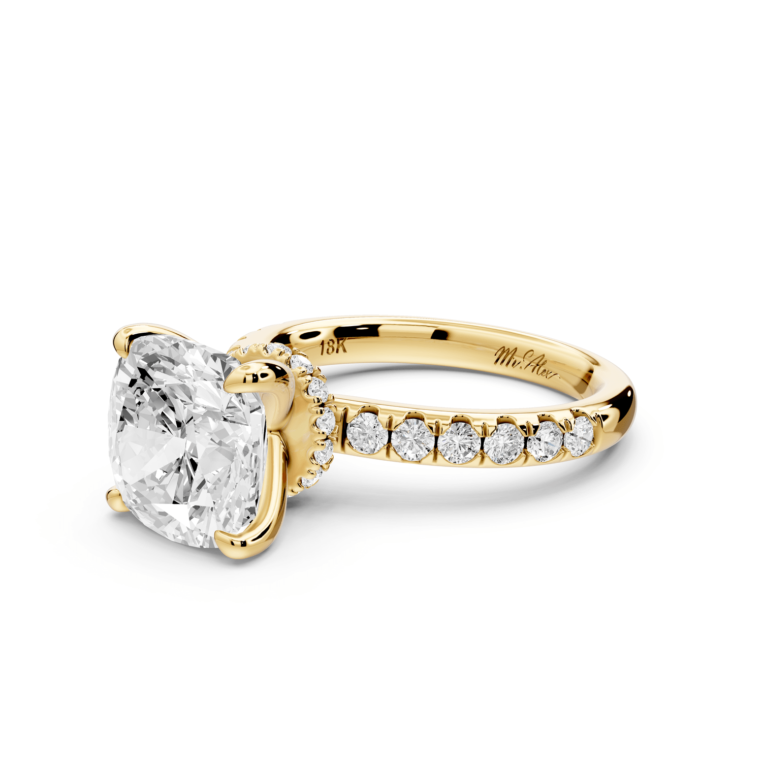 Flora - 4ct 18k yellow gold cushion talong prong Wrap around halo Half Band Engagement Ring - Mr. Alex Jewelry