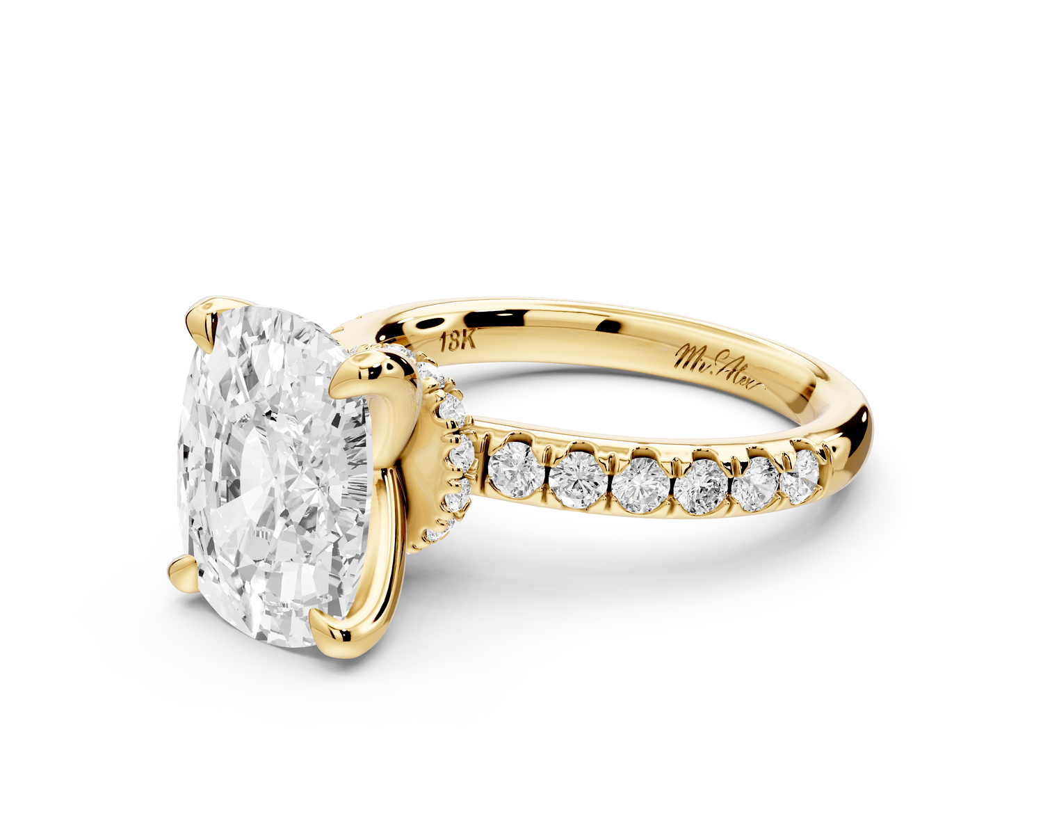 Flora - 4ct 18k yellow gold ecushion talong prong Wrap around halo Half Band Engagement Ring - Mr. Alex Jewelry