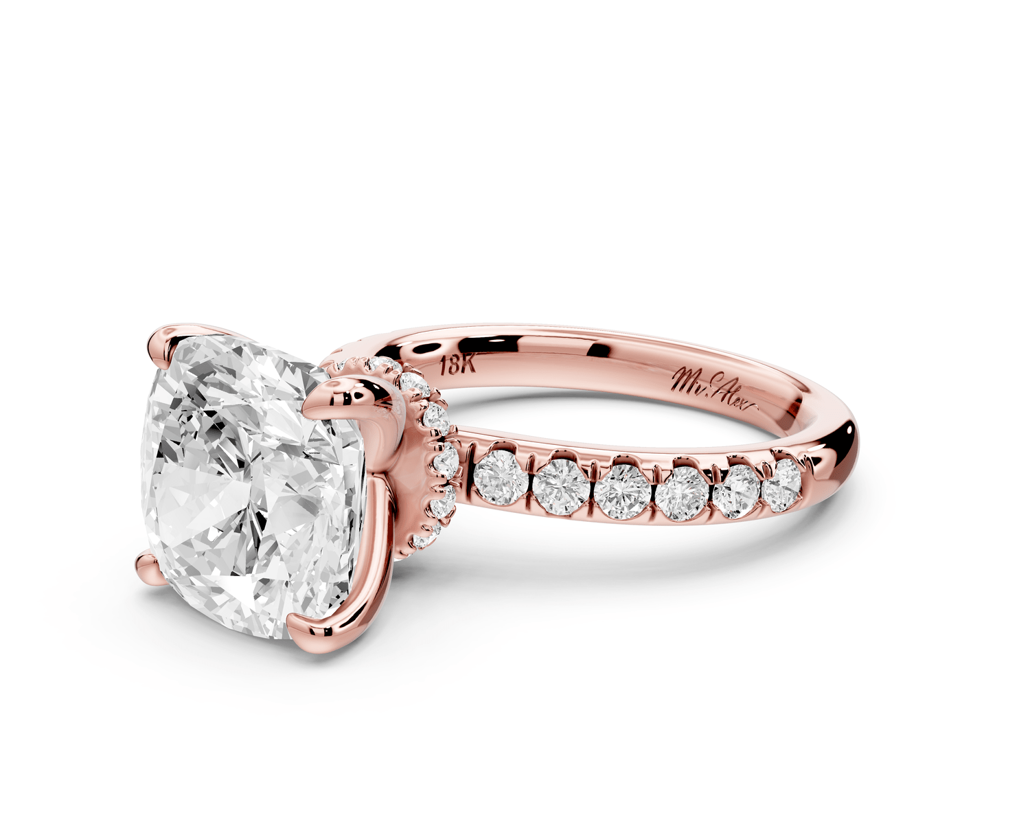 Flora - 5ct 18k rose gold cushion talong prong Wrap around halo Half Band Engagement Ring - Mr. Alex Jewelry