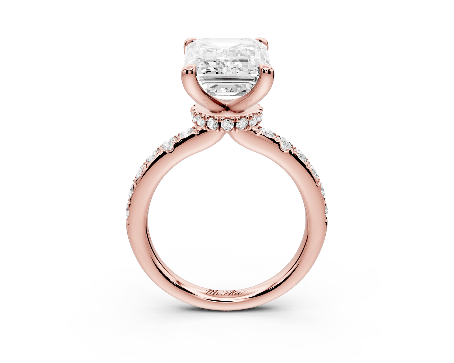 Flora - 5ct 18k rose gold emerald talong prong Wrap around halo Half Band Engagement Ring - Mr. Alex Jewelry