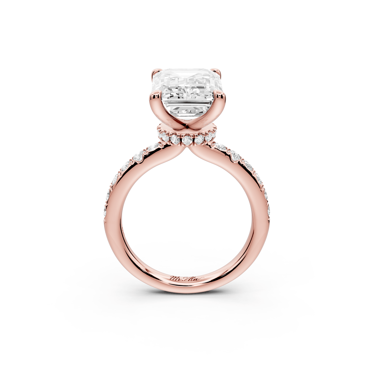 Flora - 5ct 18k rose gold emerald talong prong Wrap around halo Half Band Engagement Ring - Mr. Alex Jewelry