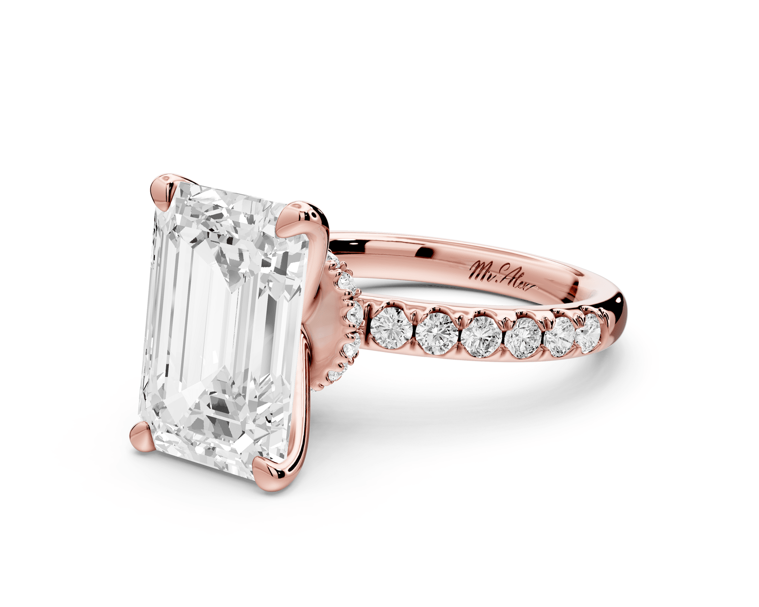 Flora - 5ct 18k rose gold emerald talong prong Wrap around halo Half Band Engagement Ring - Mr. Alex Jewelry