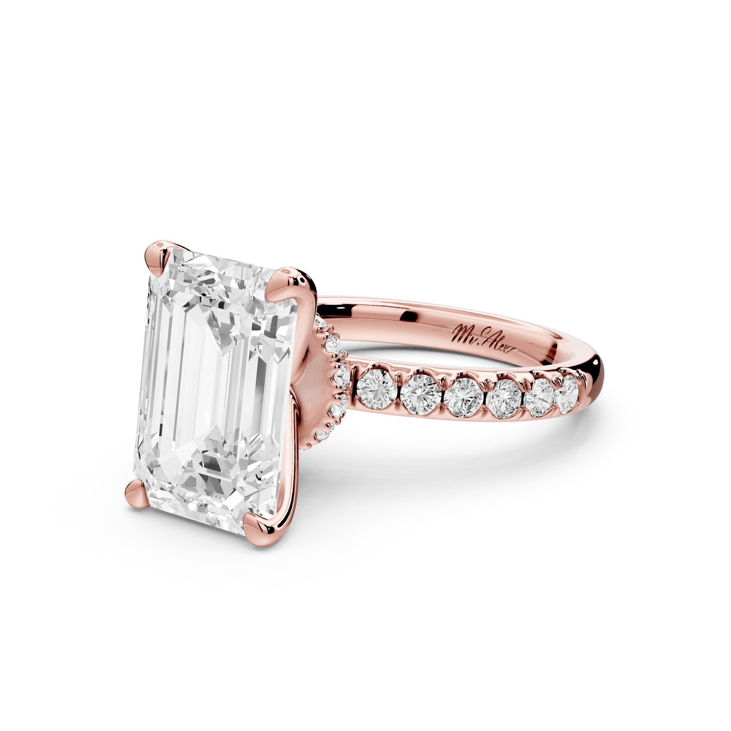 Flora - 5ct 18k rose gold emerald talong prong Wrap around halo Half Band Engagement Ring - Mr. Alex Jewelry