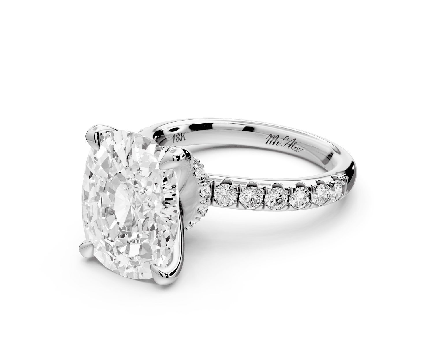 Flora - 5ct 18k white gold ecushion talong prong Wrap around halo Half Band Engagement Ring - Mr. Alex Jewelry