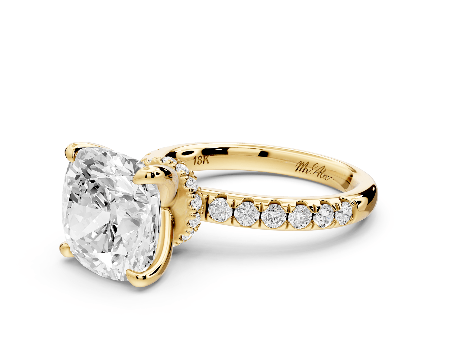 Flora - 5ct 18k yellow gold cushion talong prong Wrap around halo Half Band Engagement Ring - Mr. Alex Jewelry