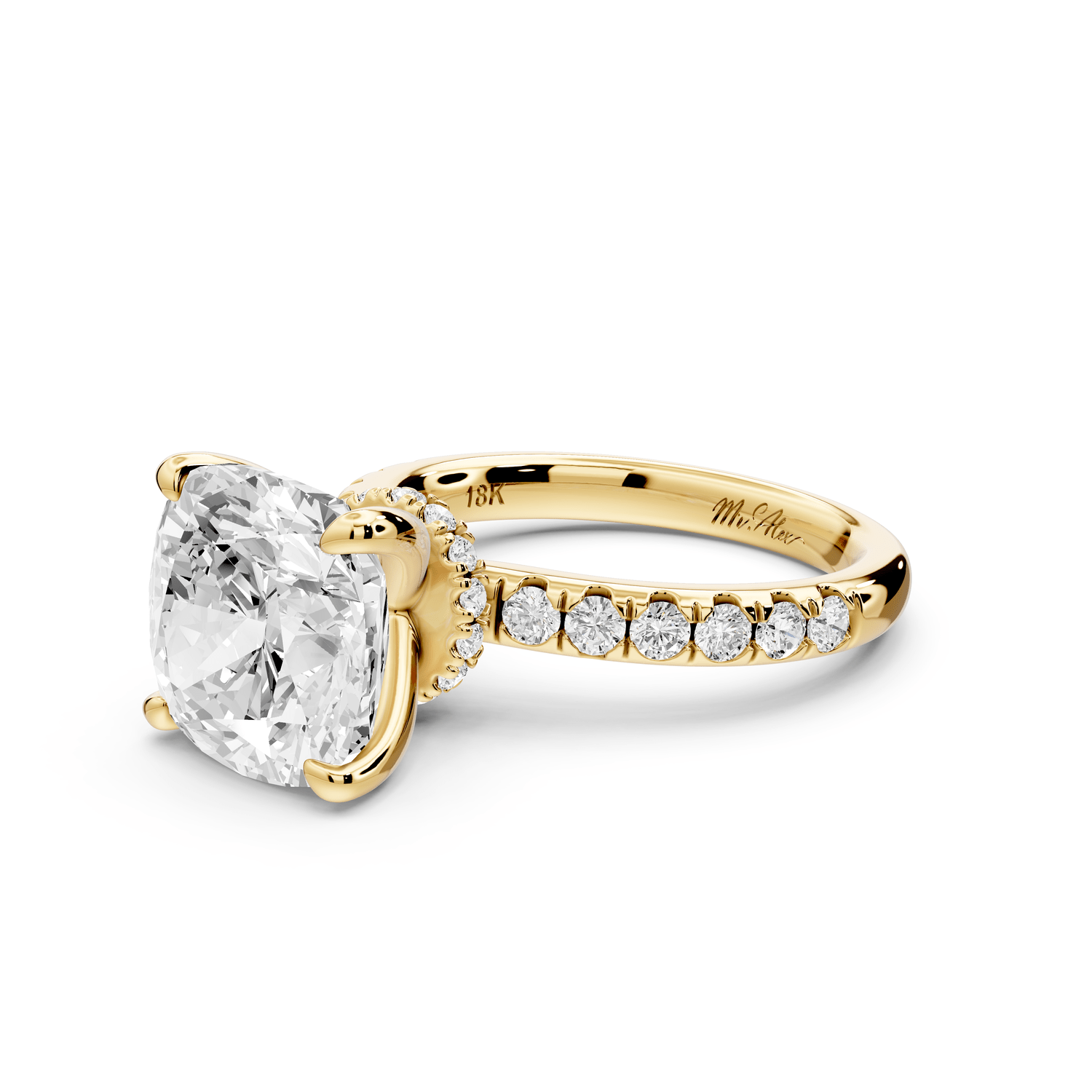 Flora - 5ct 18k yellow gold cushion talong prong Wrap around halo Half Band Engagement Ring - Mr. Alex Jewelry