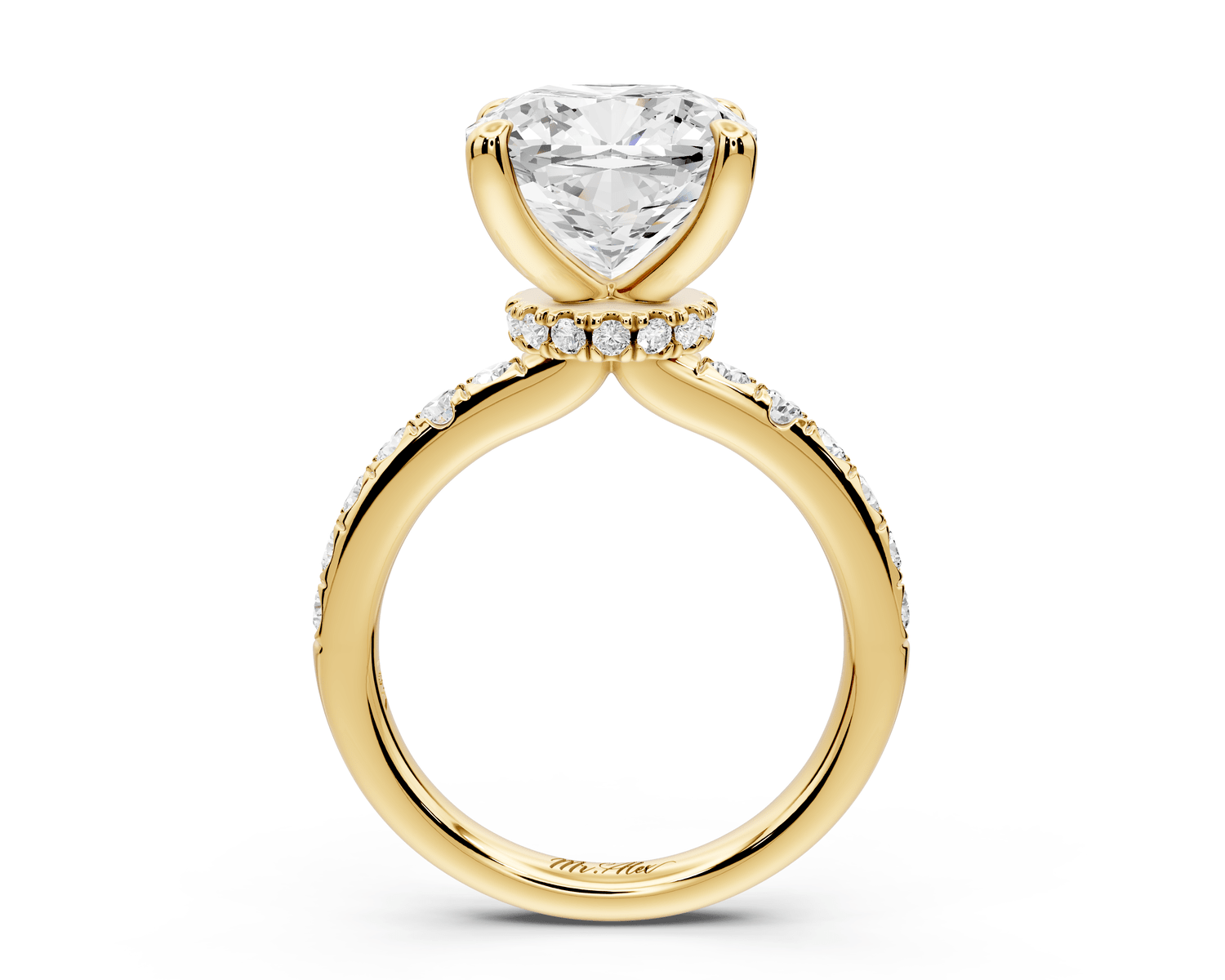 Flora - 5ct 18k yellow gold cushion talong prong Wrap around halo Half Band Engagement Ring - Mr. Alex Jewelry