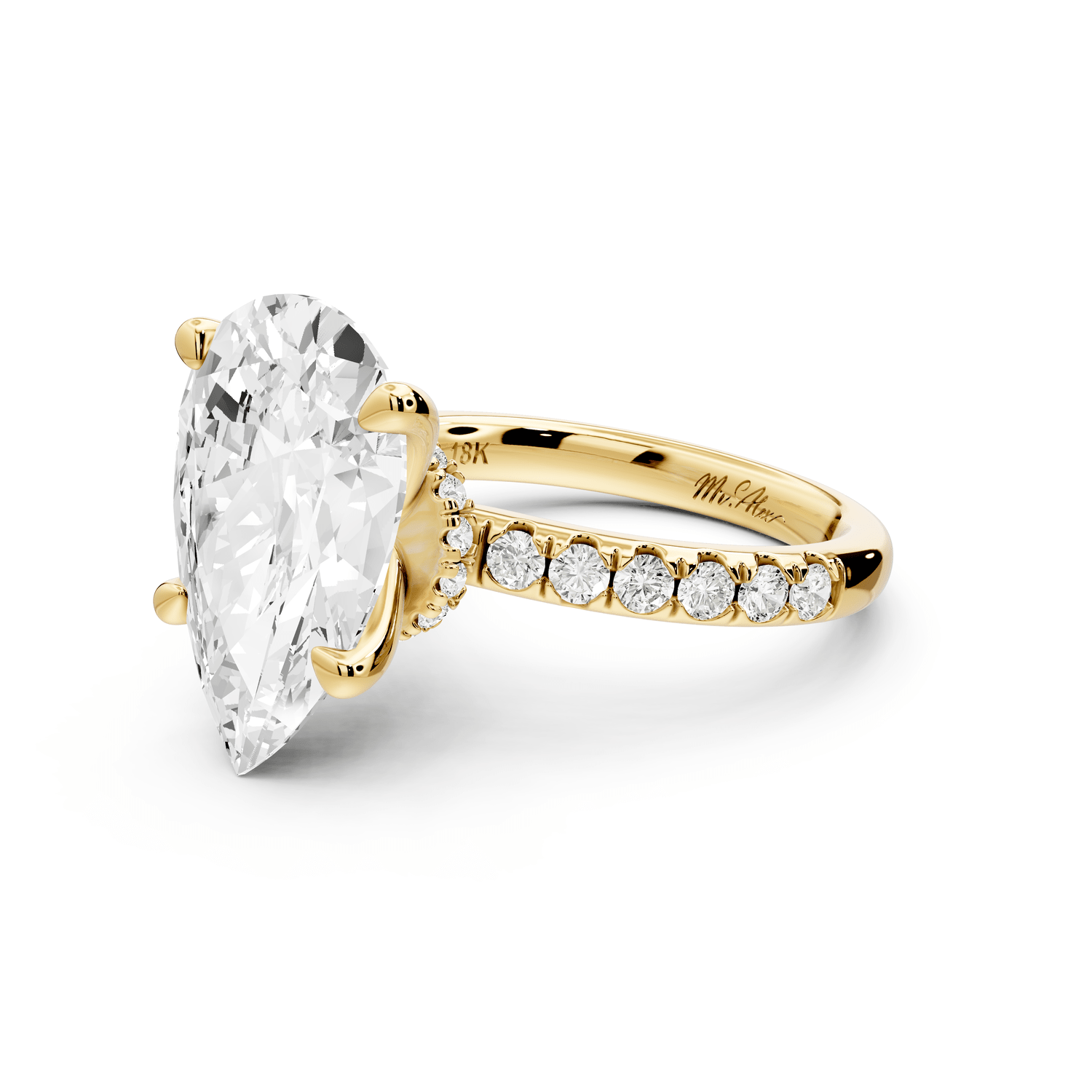 Flora - 5ct 18k yellow gold pear talong prong Wrap around halo Half Band Engagement Ring - Mr. Alex Jewelry