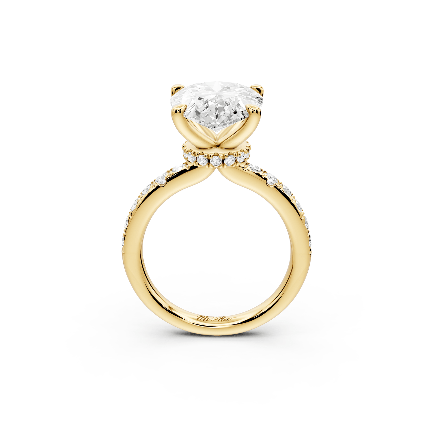 Flora - 5ct 18k yellow gold pear talong prong Wrap around halo Half Band Engagement Ring - Mr. Alex Jewelry