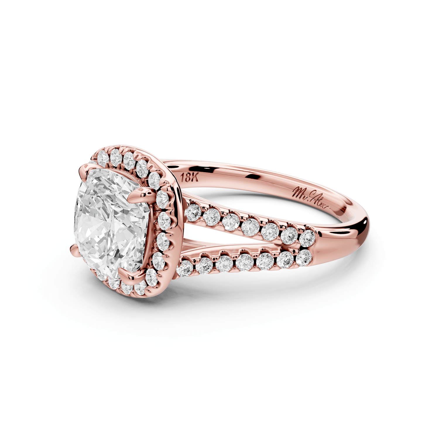 Gabrielle - 2ct 14k rose gold cushion Diamond Graduated Halo Pavé Split Shank Engagement Ring - Mr. Alex Jewelry