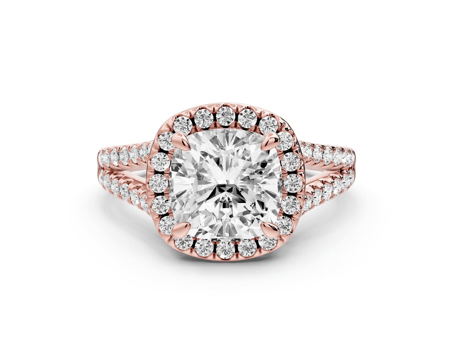 Gabrielle - 2ct 14k rose gold cushion Diamond Graduated Halo Pavé Split Shank Engagement Ring - Mr. Alex Jewelry