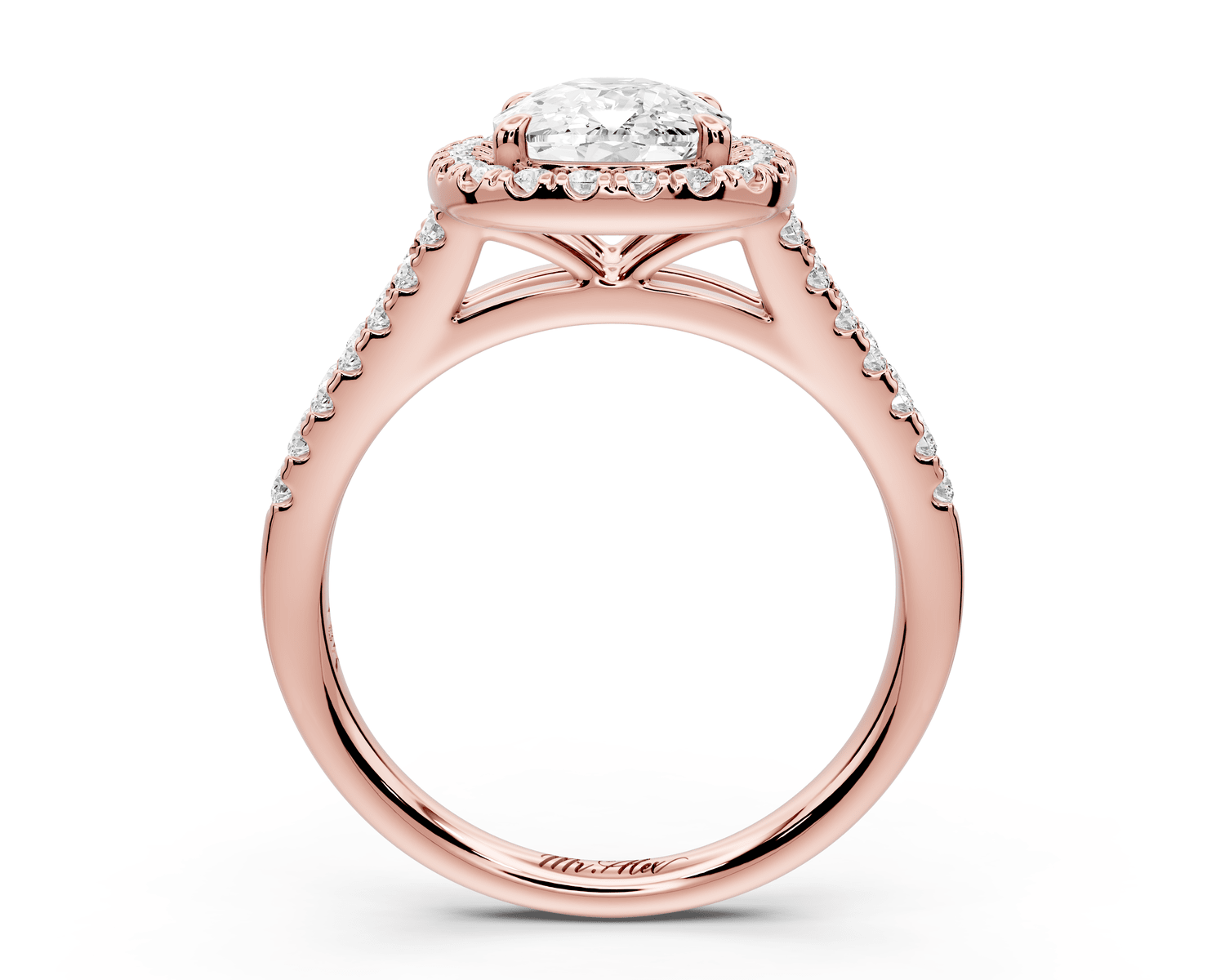 Gabrielle - 2ct 14k rose gold ecushion Diamond Graduated Halo Pavé Split Shank Engagement Ring - Mr. Alex Jewelry