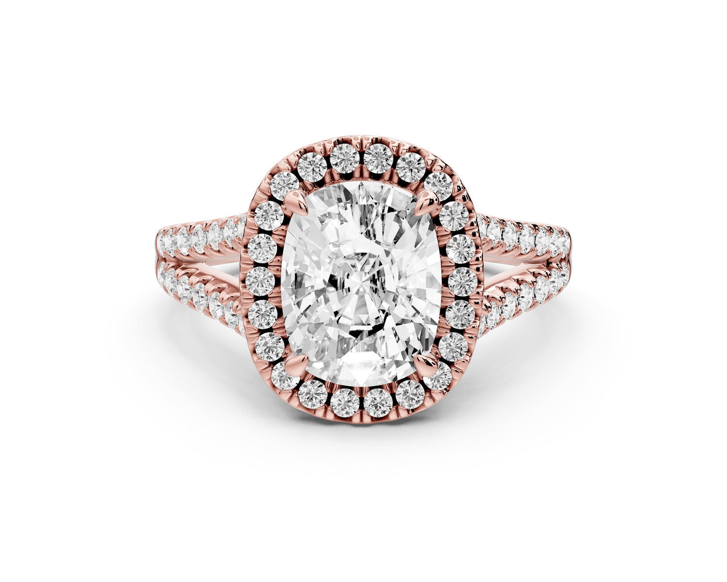 Gabrielle - 2ct 14k rose gold ecushion Diamond Graduated Halo Pavé Split Shank Engagement Ring - Mr. Alex Jewelry