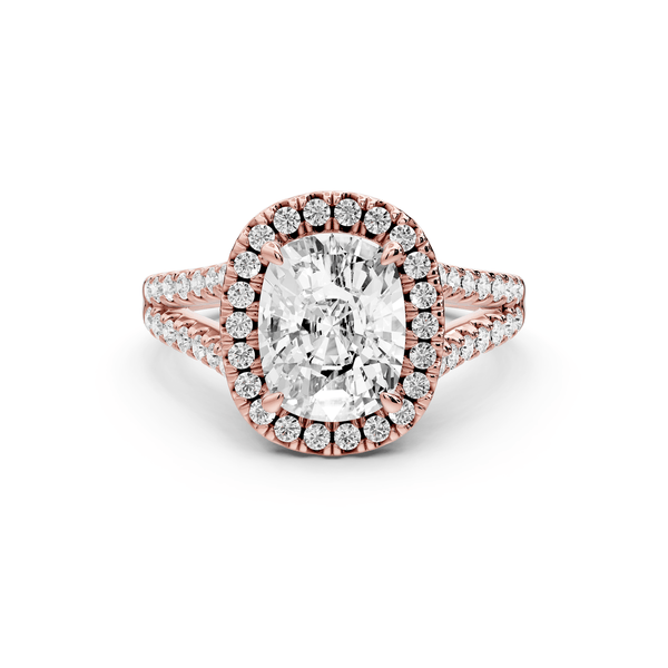 Gabrielle - 2ct 14k rose gold ecushion Diamond Graduated Halo Pavé Split Shank Engagement Ring - Mr. Alex Jewelry