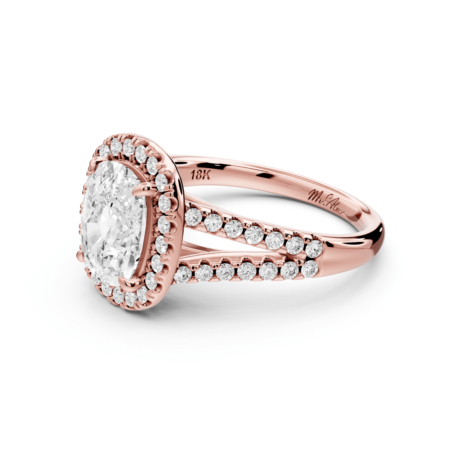 Gabrielle - 2ct 14k rose gold ecushion Diamond Graduated Halo Pavé Split Shank Engagement Ring - Mr. Alex Jewelry