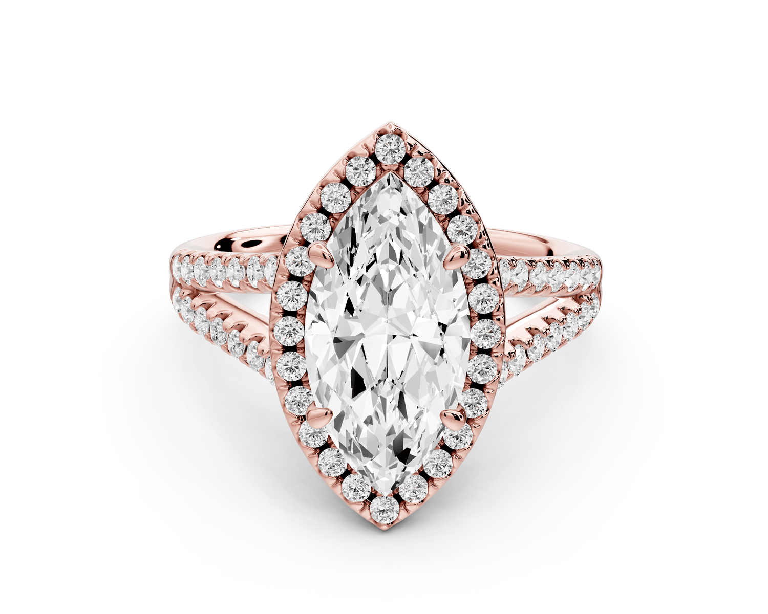 Gabrielle - 2ct 14k rose gold marquise Diamond Graduated Halo Pavé Split Shank Engagement Ring - Mr. Alex Jewelry