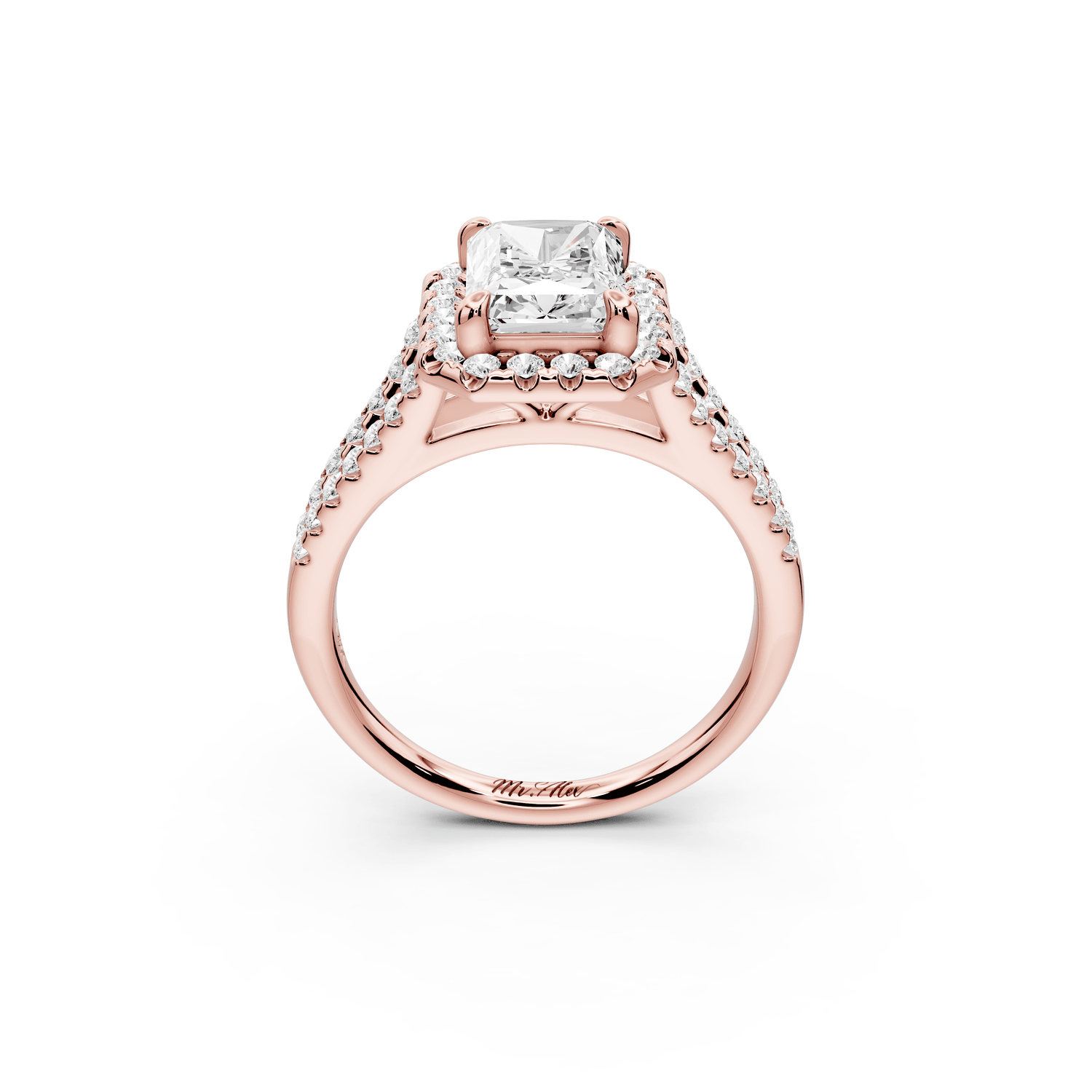 Gabrielle - 2ct 14k rose gold radiant Diamond Graduated Halo Pavé Split Shank Engagement Ring - Mr. Alex Jewelry