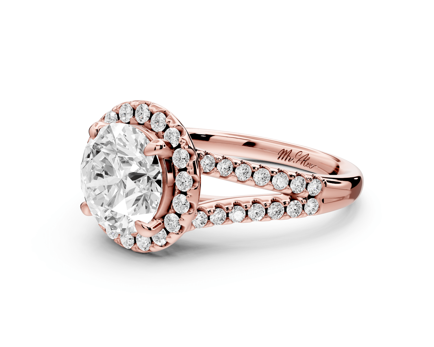 Gabrielle - 2ct 14k rose gold round Diamond Graduated Halo Pavé Split Shank Engagement Ring - Mr. Alex Jewelry