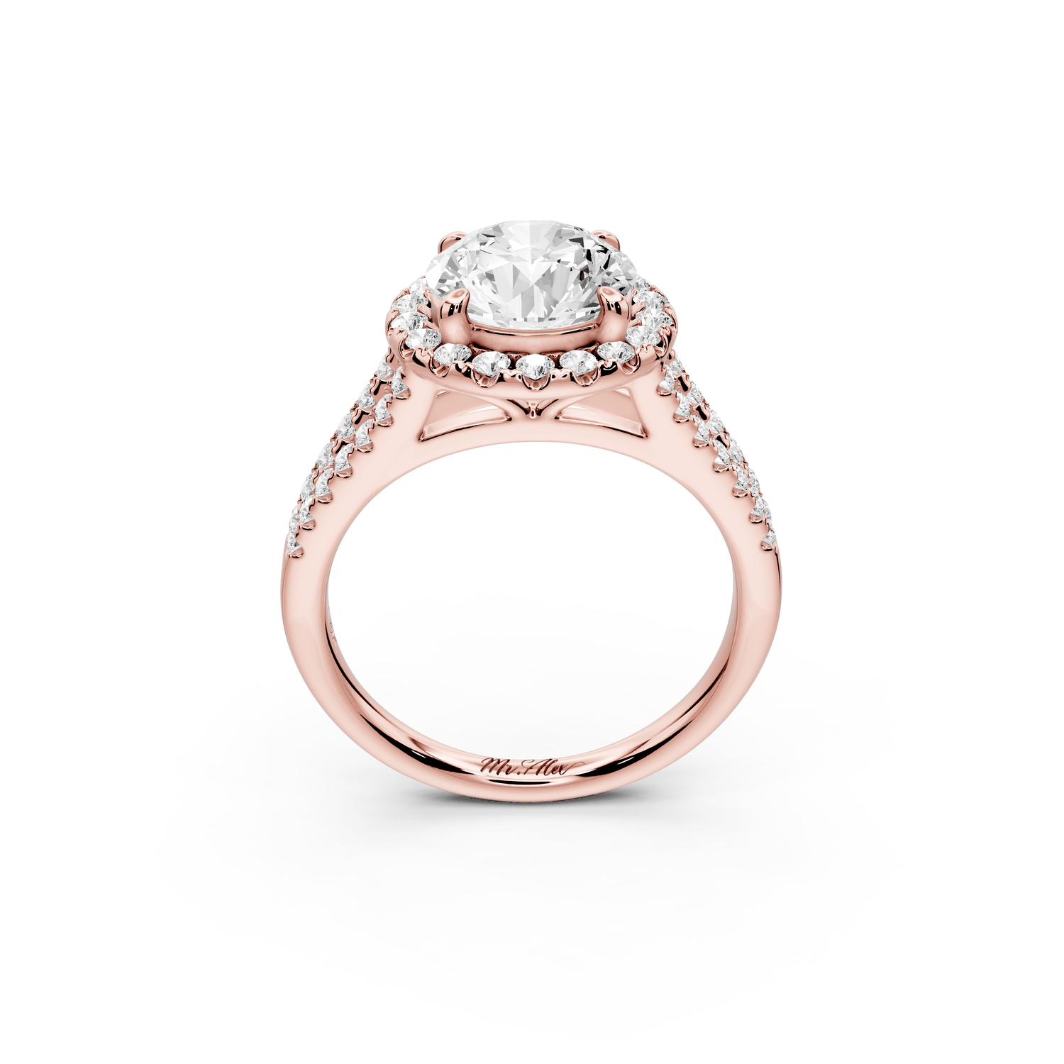 Gabrielle - 2ct 14k rose gold round Diamond Graduated Halo Pavé Split Shank Engagement Ring - Mr. Alex Jewelry
