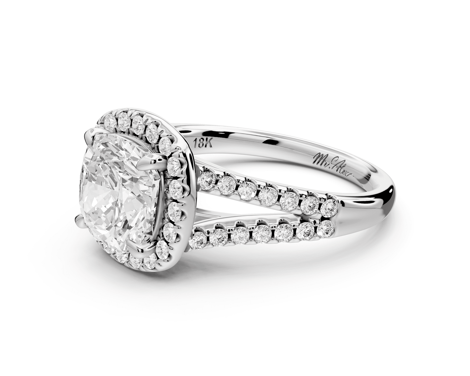 Gabrielle - 2ct 14k white gold cushion Diamond Graduated Halo Pavé Split Shank Engagement Ring - Mr. Alex Jewelry