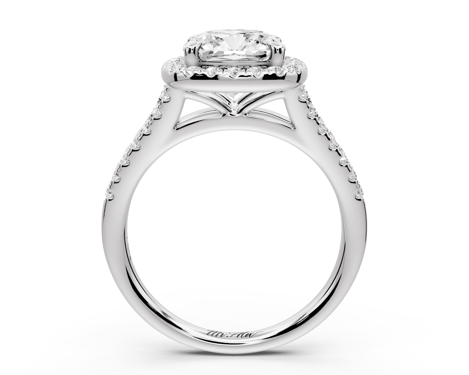 Gabrielle - 2ct 14k white gold cushion Diamond Graduated Halo Pavé Split Shank Engagement Ring - Mr. Alex Jewelry