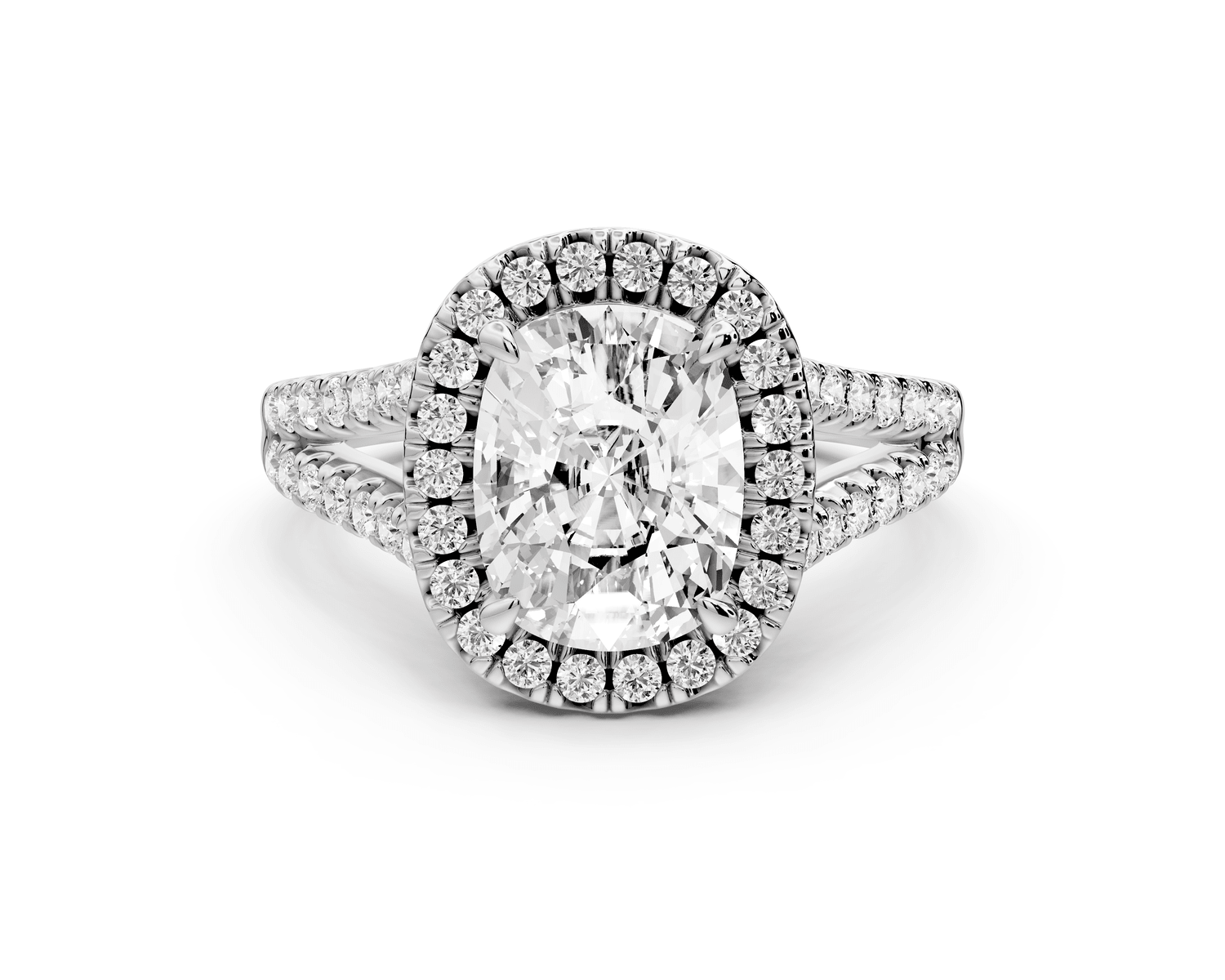 Gabrielle - 2ct 14k white gold ecushion Diamond Graduated Halo Pavé Split Shank Engagement Ring - Mr. Alex Jewelry