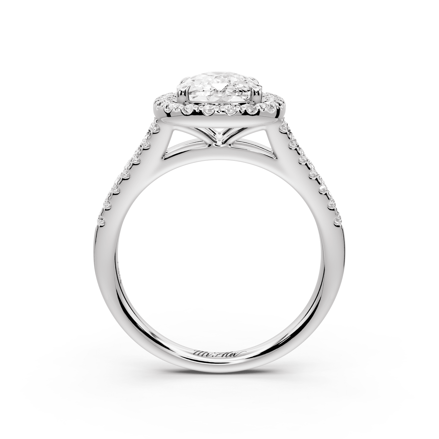 Gabrielle - 2ct 14k white gold ecushion Diamond Graduated Halo Pavé Split Shank Engagement Ring - Mr. Alex Jewelry