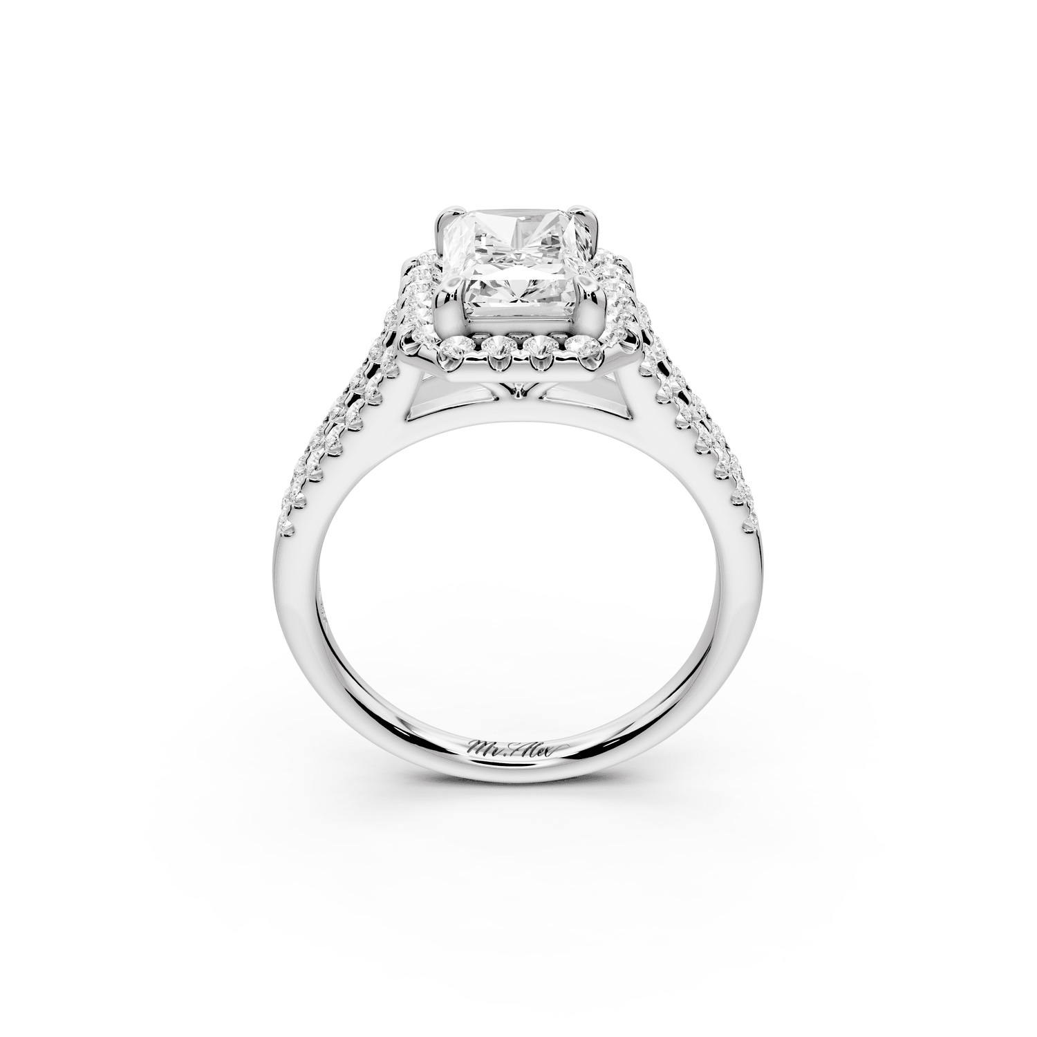 Gabrielle - 2ct 14k white gold radiant Diamond Graduated Halo Pavé Split Shank Engagement Ring - Mr. Alex Jewelry