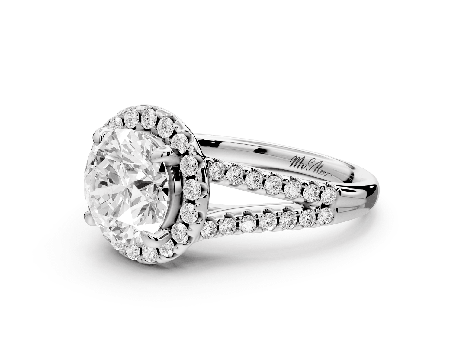 Gabrielle - 2ct 14k white gold round Diamond Graduated Halo Pavé Split Shank Engagement Ring - Mr. Alex Jewelry