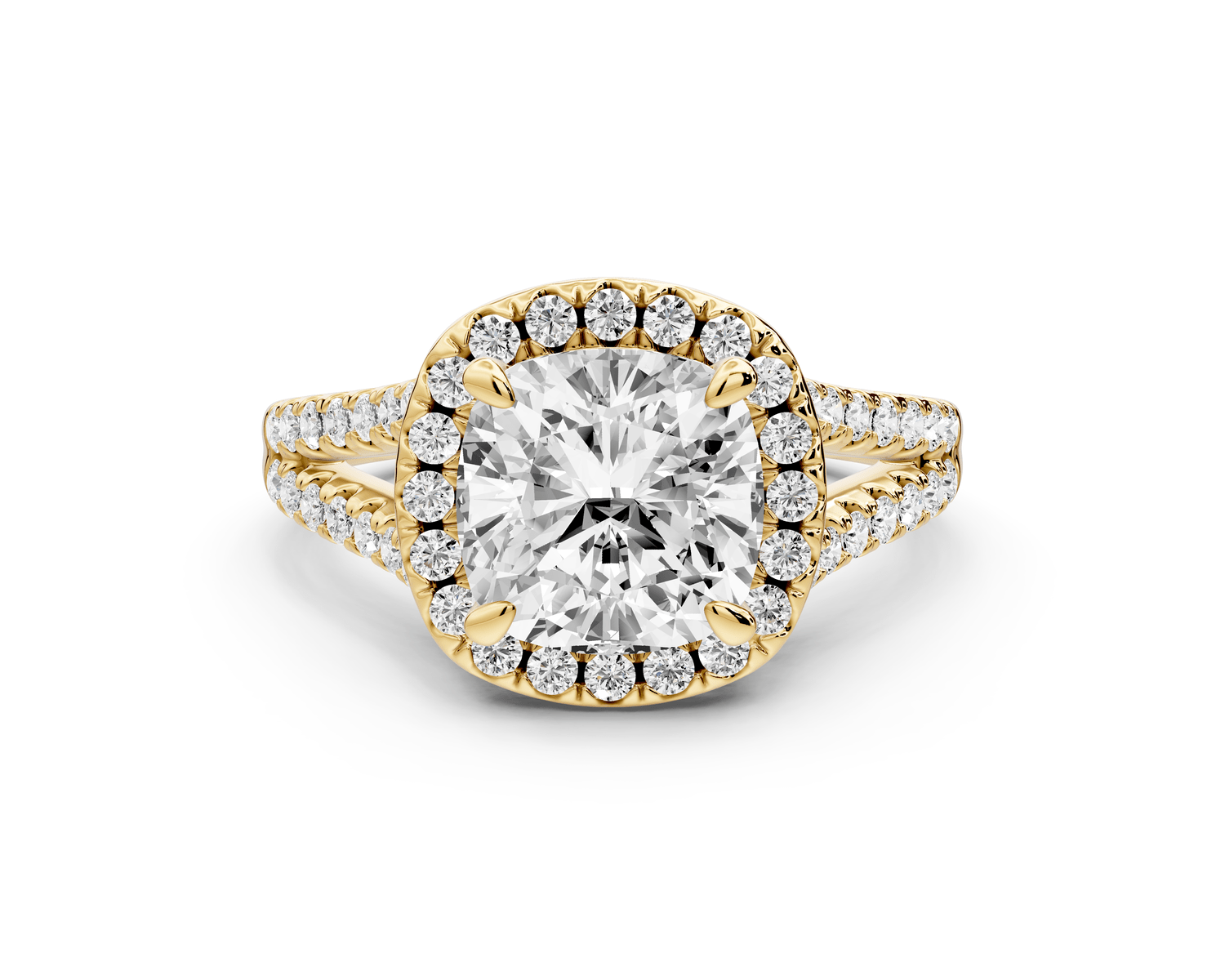 Gabrielle - 2ct 14k yellow gold cushion Diamond Graduated Halo Pavé Split Shank Engagement Ring - Mr. Alex Jewelry