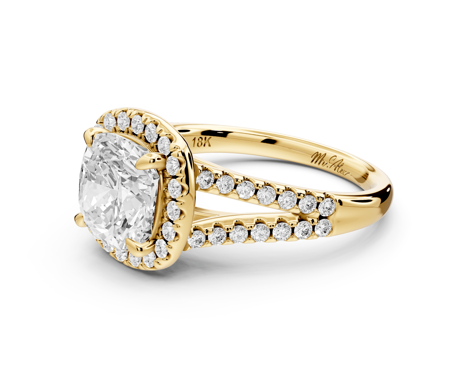 Gabrielle - 2ct 14k yellow gold cushion Diamond Graduated Halo Pavé Split Shank Engagement Ring - Mr. Alex Jewelry