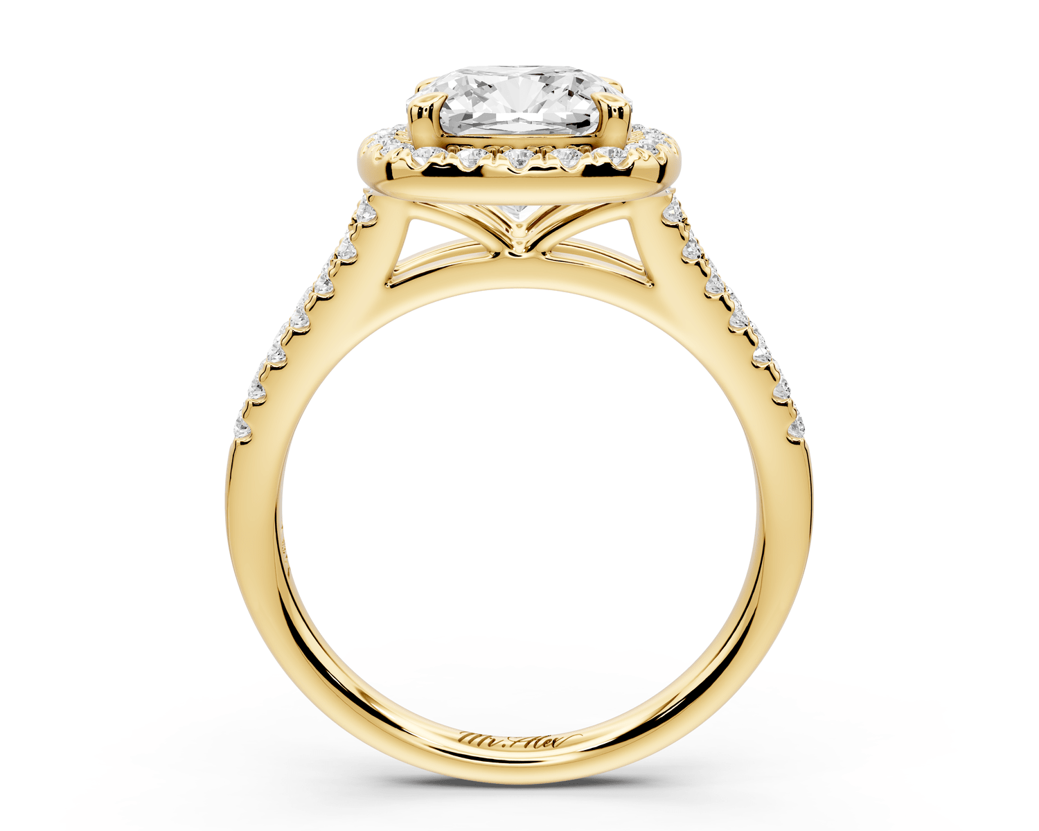 Gabrielle - 2ct 14k yellow gold cushion Diamond Graduated Halo Pavé Split Shank Engagement Ring - Mr. Alex Jewelry