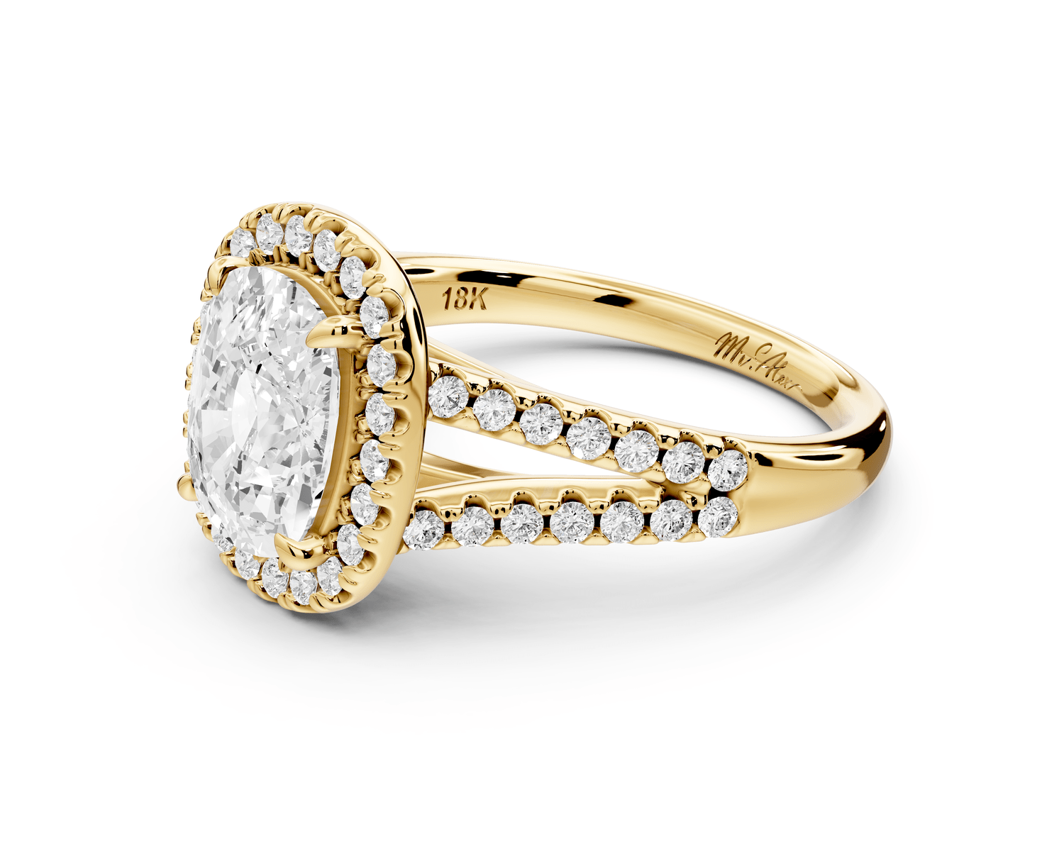Gabrielle - 2ct 14k yellow gold ecushion Diamond Graduated Halo Pavé Split Shank Engagement Ring - Mr. Alex Jewelry
