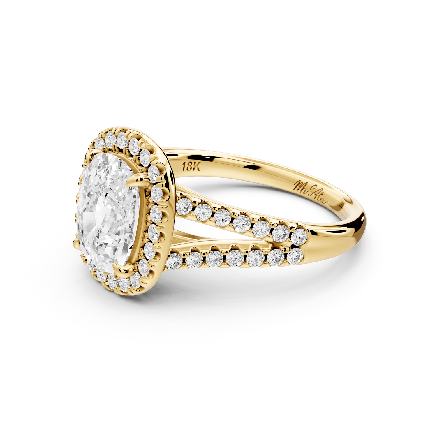Gabrielle - 2ct 14k yellow gold ecushion Diamond Graduated Halo Pavé Split Shank Engagement Ring - Mr. Alex Jewelry