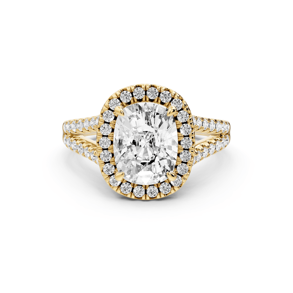 Gabrielle - 2ct 14k yellow gold ecushion Diamond Graduated Halo Pavé Split Shank Engagement Ring - Mr. Alex Jewelry