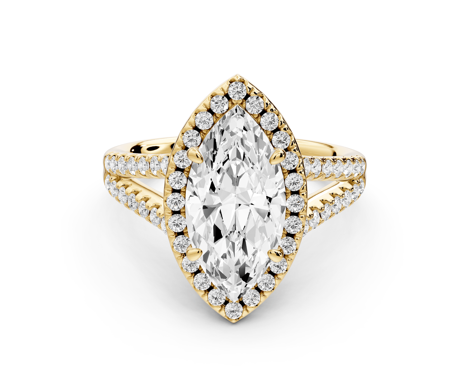 Gabrielle - 2ct 14k yellow gold marquise Diamond Graduated Halo Pavé Split Shank Engagement Ring - Mr. Alex Jewelry