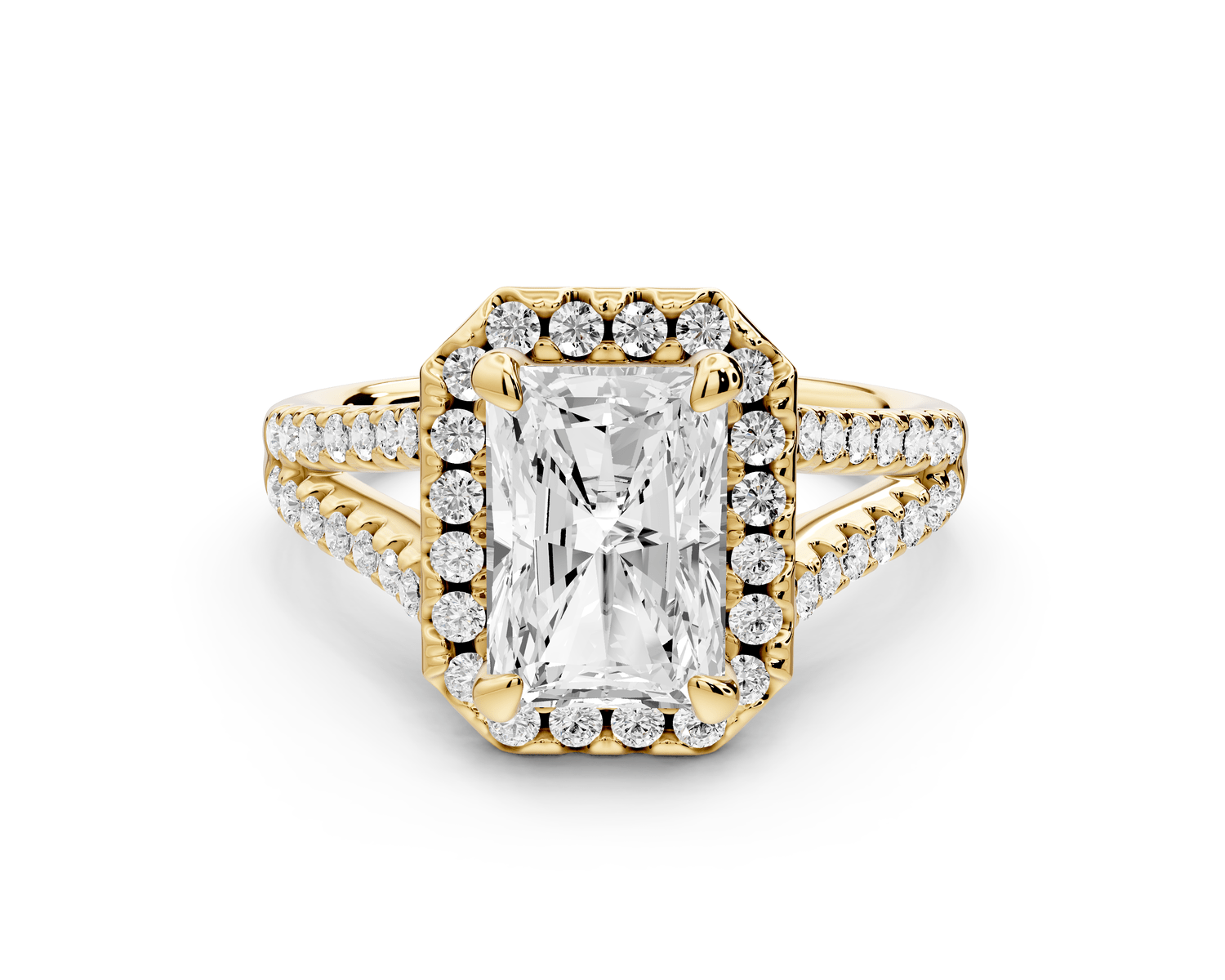 Gabrielle - 2ct 14k yellow gold radiant Diamond Graduated Halo Pavé Split Shank Engagement Ring - Mr. Alex Jewelry
