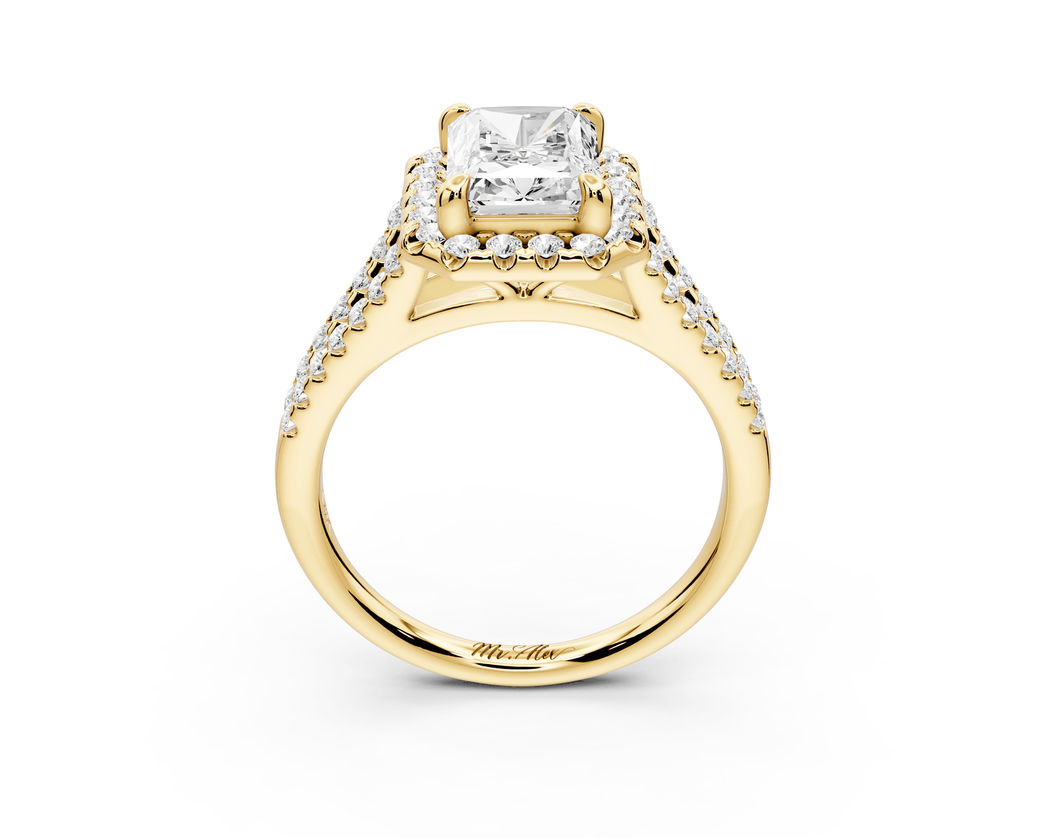 Gabrielle - 2ct 14k yellow gold radiant Diamond Graduated Halo Pavé Split Shank Engagement Ring - Mr. Alex Jewelry