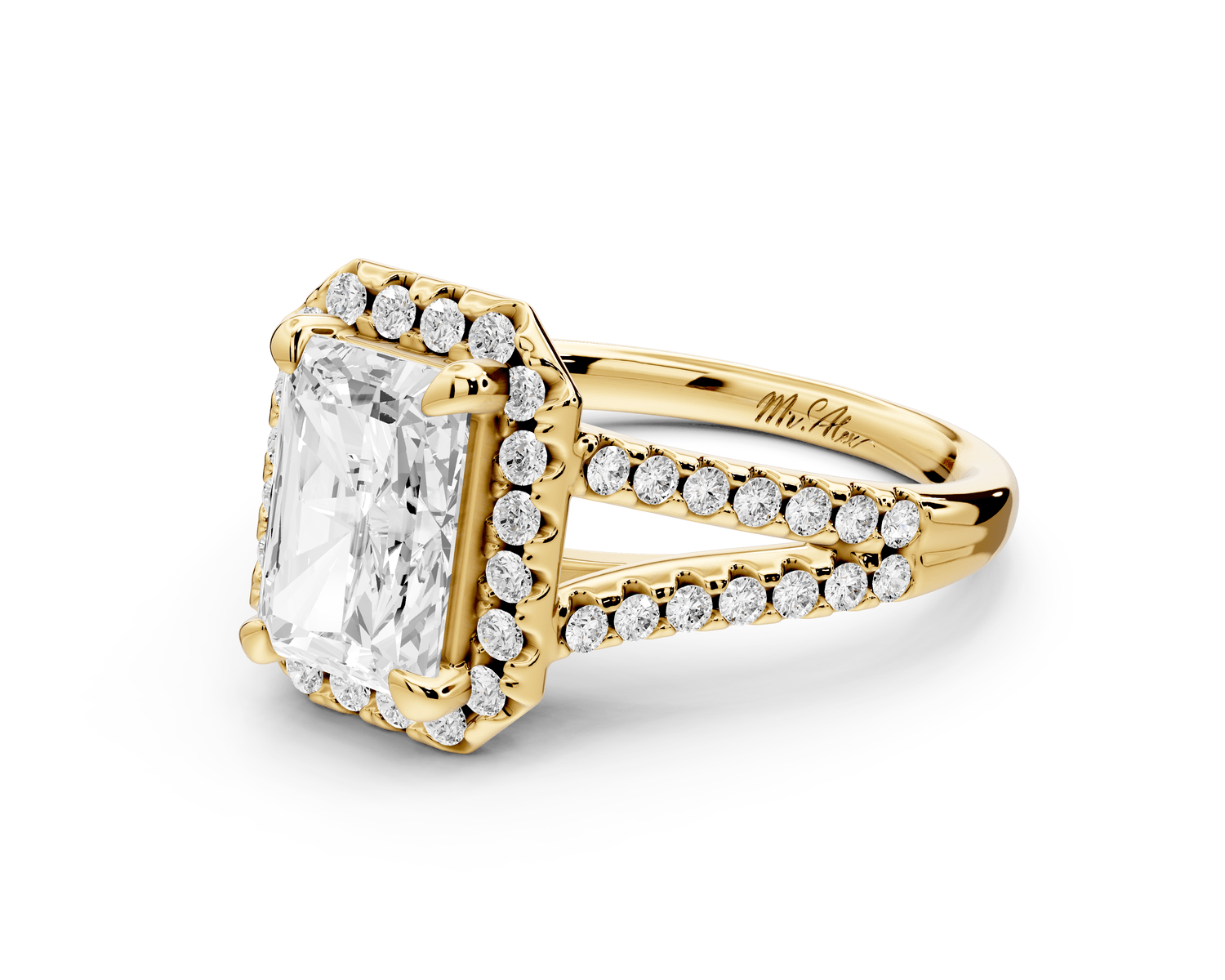 Gabrielle - 2ct 14k yellow gold radiant Diamond Graduated Halo Pavé Split Shank Engagement Ring - Mr. Alex Jewelry