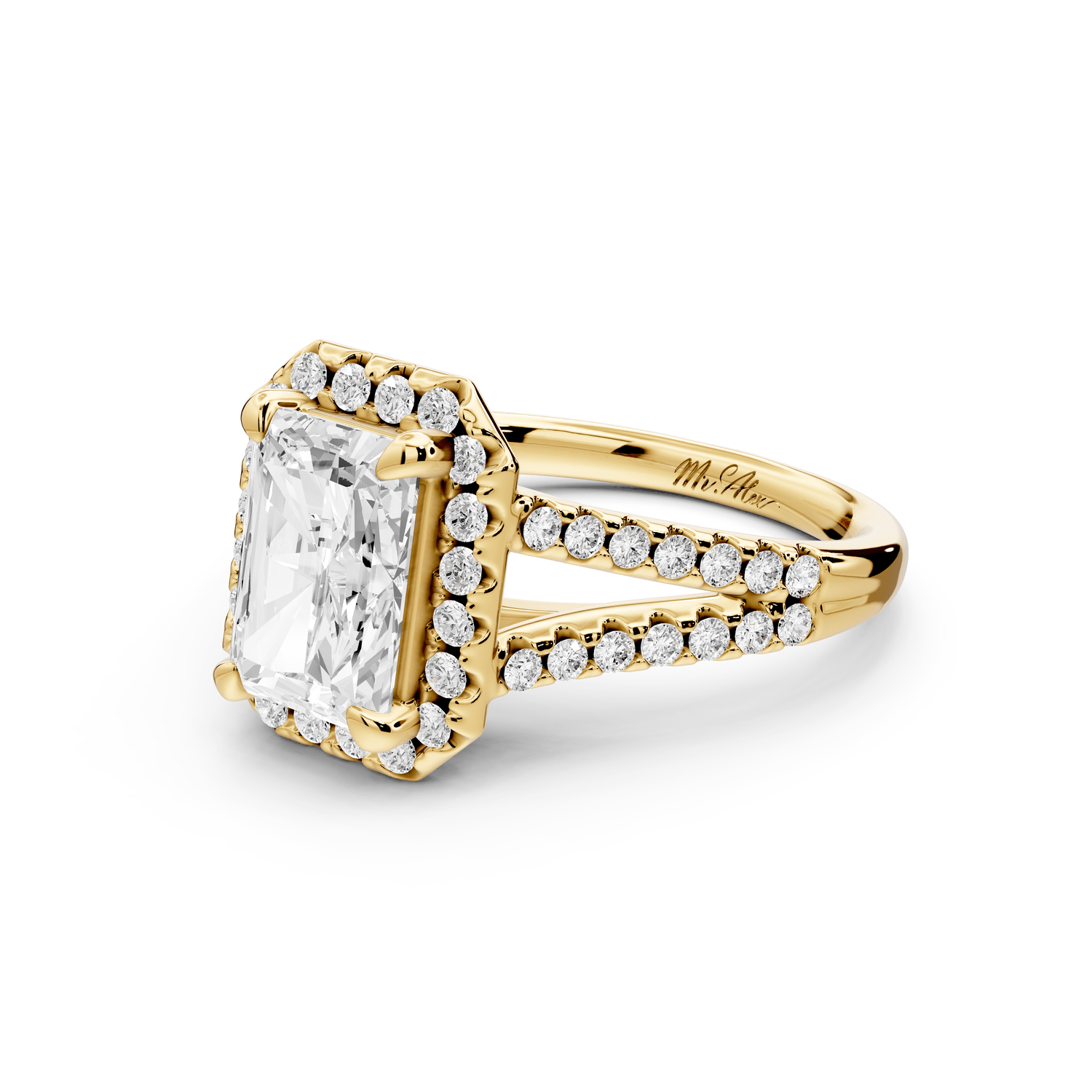 Gabrielle - 2ct 14k yellow gold radiant Diamond Graduated Halo Pavé Split Shank Engagement Ring - Mr. Alex Jewelry