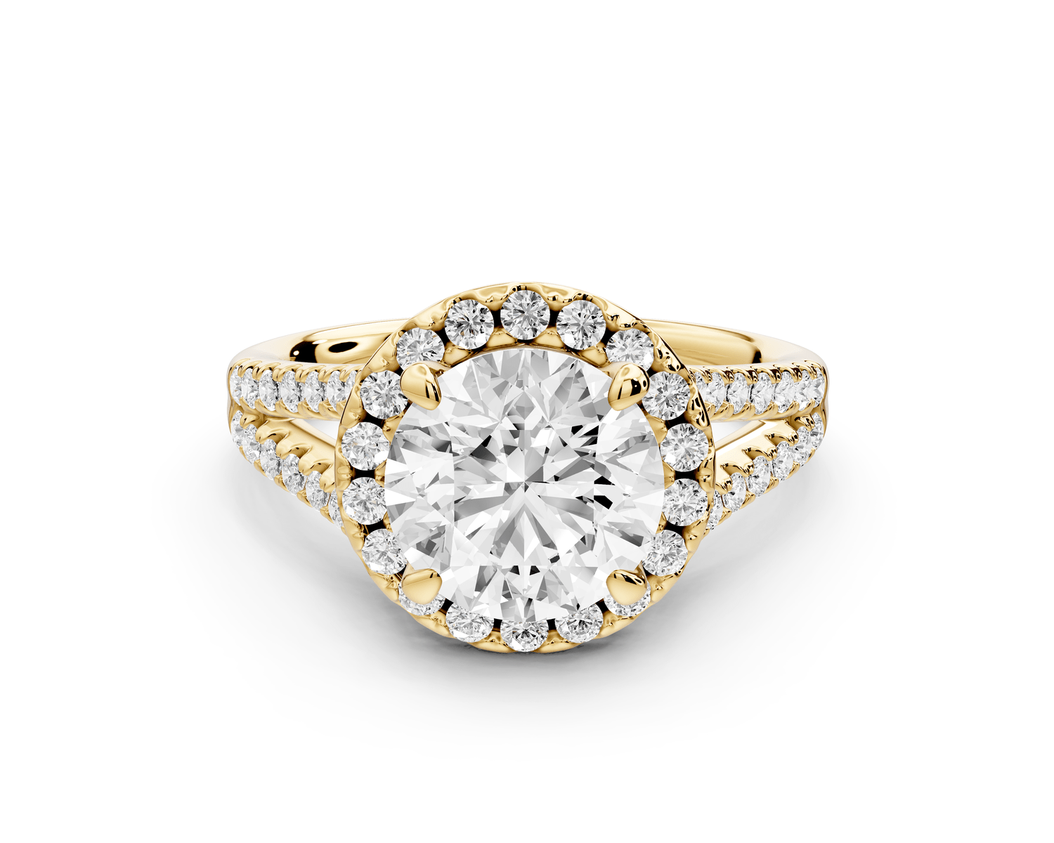 Gabrielle - 2ct 14k yellow gold round Diamond Graduated Halo Pavé Split Shank Engagement Ring - Mr. Alex Jewelry