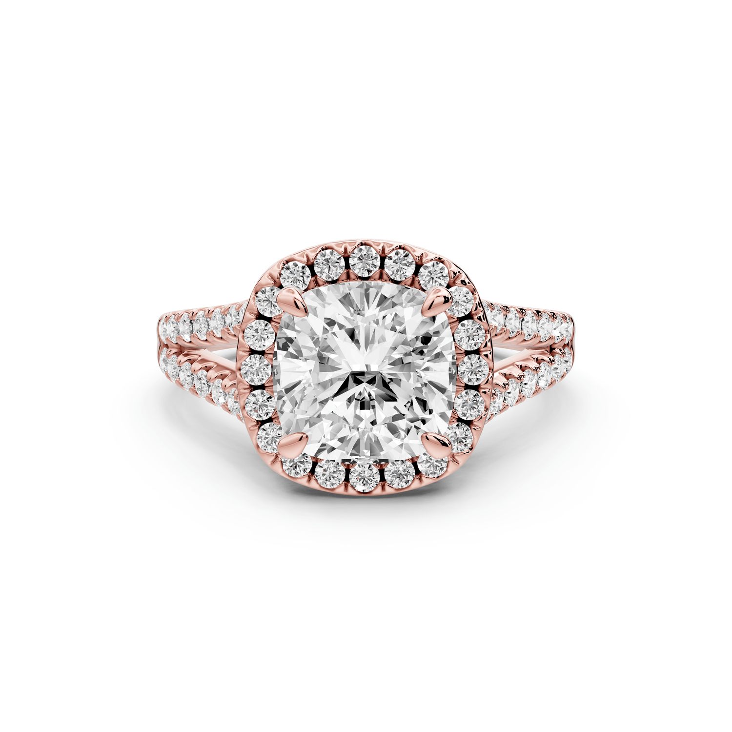 Gabrielle - 2ct 18k rose gold cushion Diamond Graduated Halo Pavé Split Shank Engagement Ring - Mr. Alex Jewelry