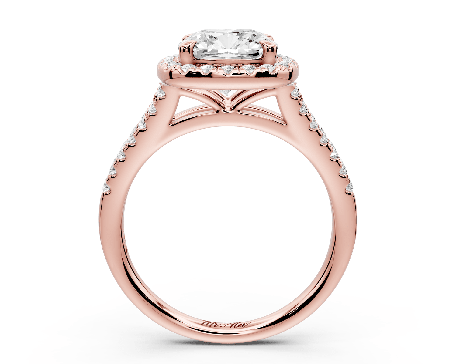 Gabrielle - 2ct 18k rose gold cushion Diamond Graduated Halo Pavé Split Shank Engagement Ring - Mr. Alex Jewelry